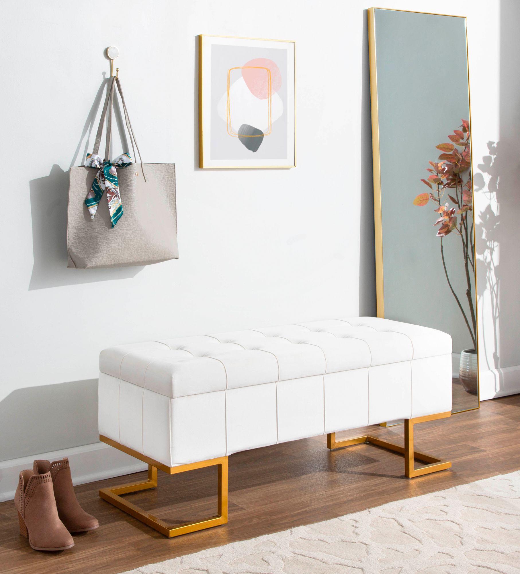 Midas Storage Bench in Gold Steel and White Velvet by LumiSource