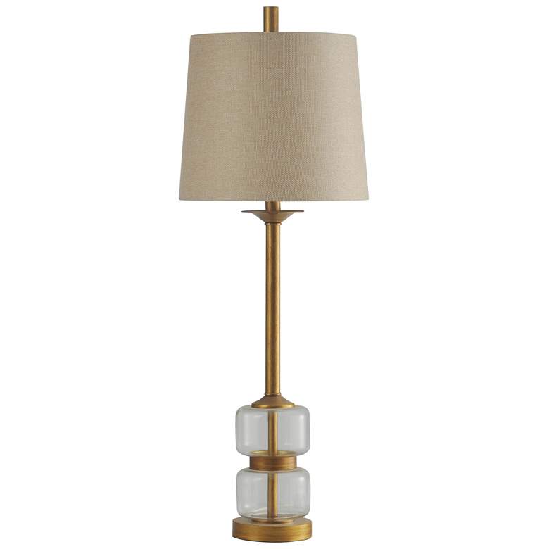Image 1 Midfield Clear Glass and Gold Table Lamp with Beige Hardback Fabric Shade