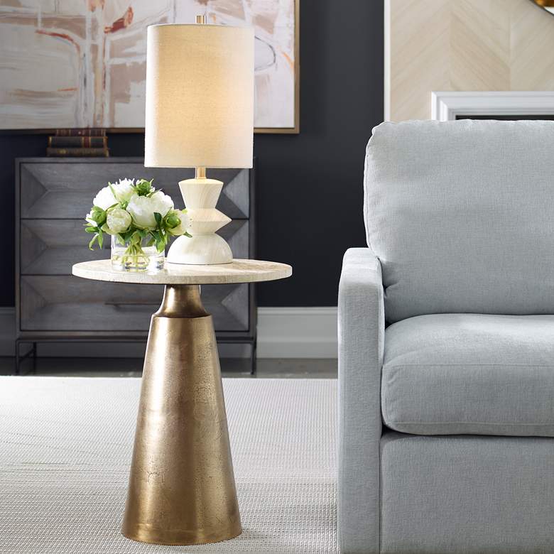 Image 2 Midsummer 20" Wide Travertine and Antique Brass Accent Table more views