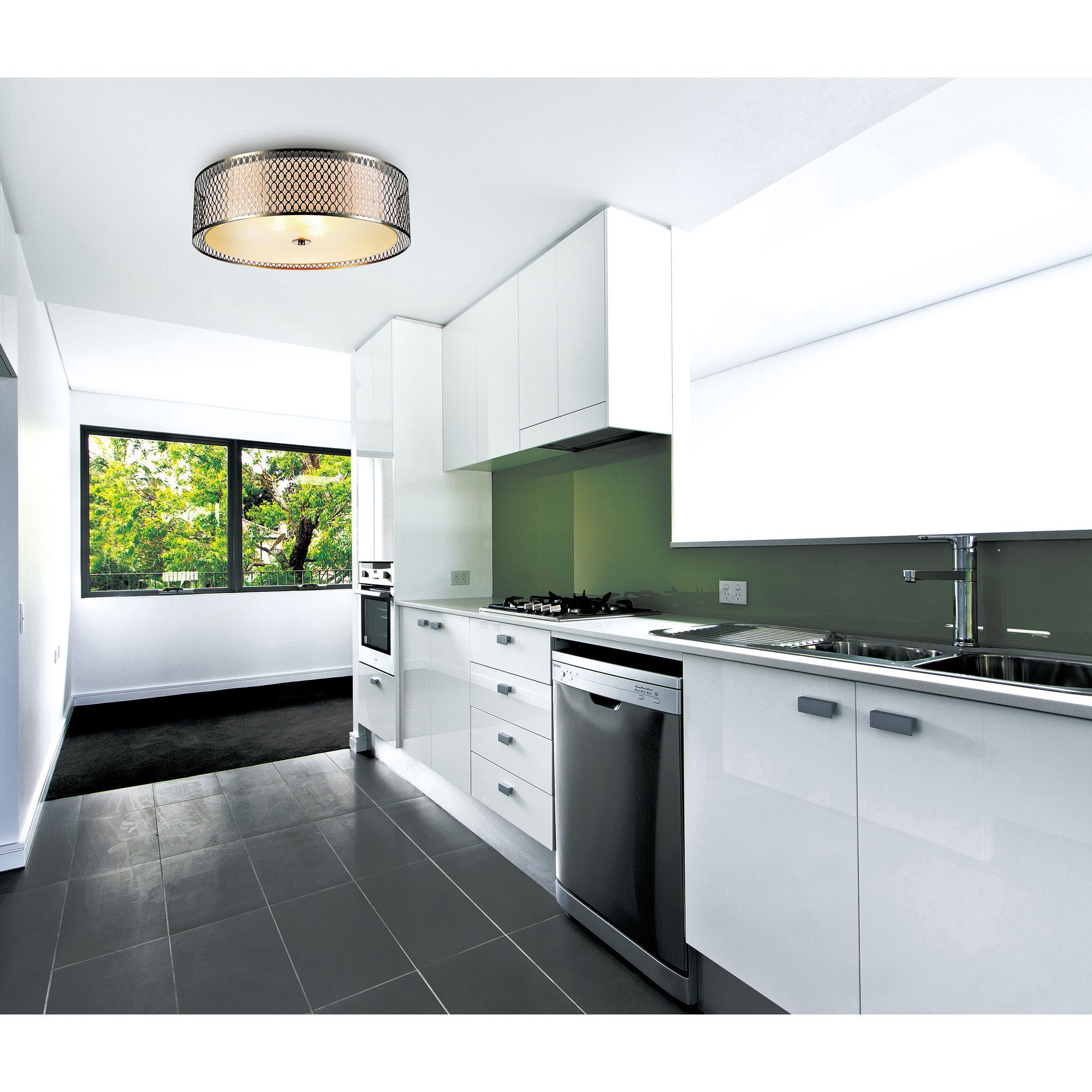 Image 6 Mikayla 3 Light 17in Satin Nickel Drum Shade Flush Mount more views