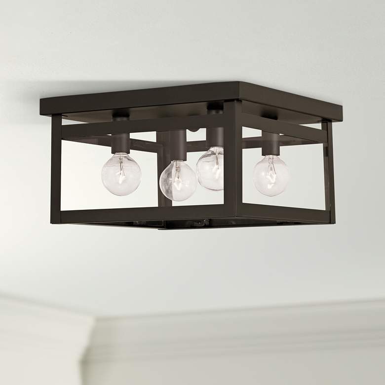 Image 1 Milford 11 inch Wide Brze and Glass 4-Light Sq Ceiling Light