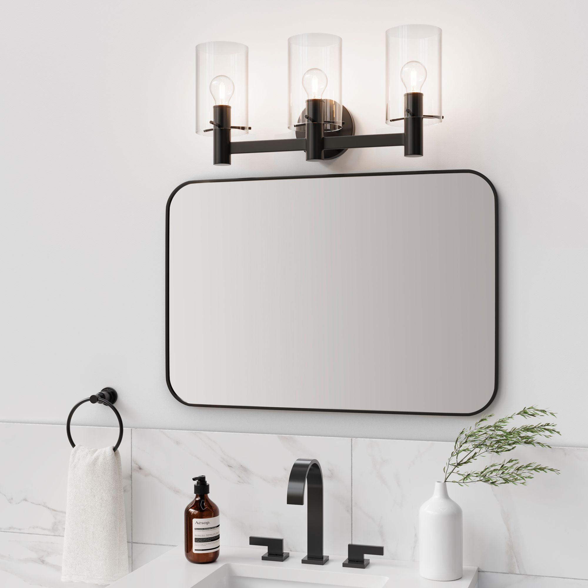 Millennium Apolla 3-Light 24" Matte Black Vanity Light with Glass Shade
