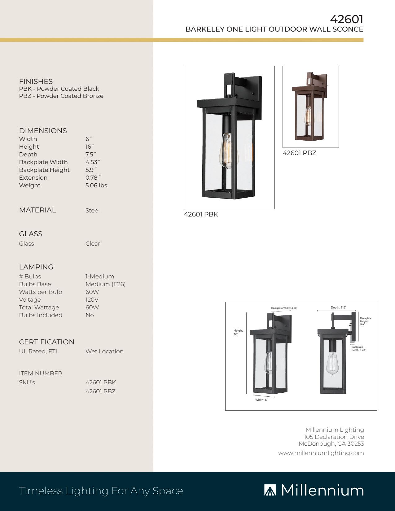 Image 7 Millennium Barkeley 1-Light 16" Powder Coated Bronze Outdoor Wall Sconce more views