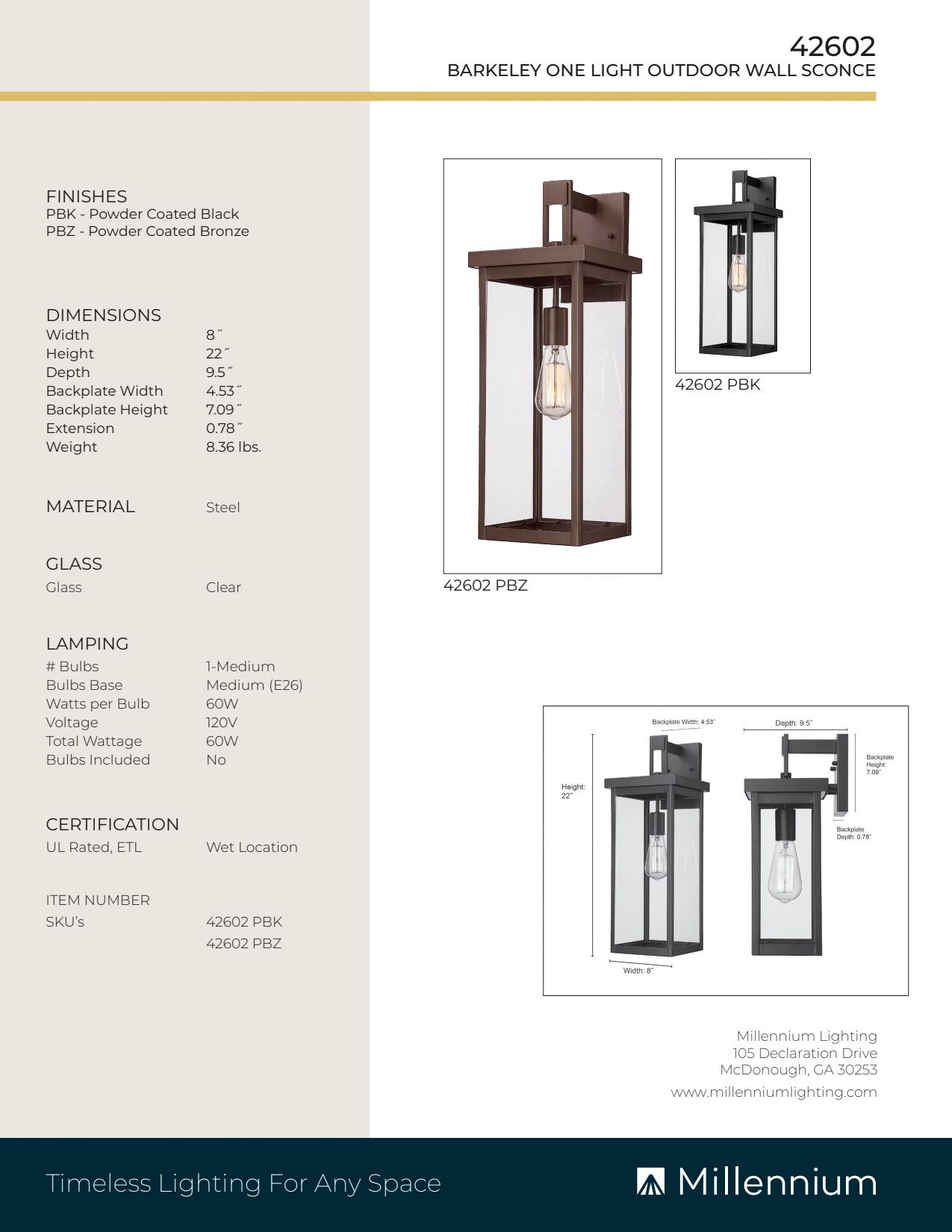 Image 7 Millennium Barkeley 1-Light 22" Powder Coated Black Outdoor Wall Sconce more views