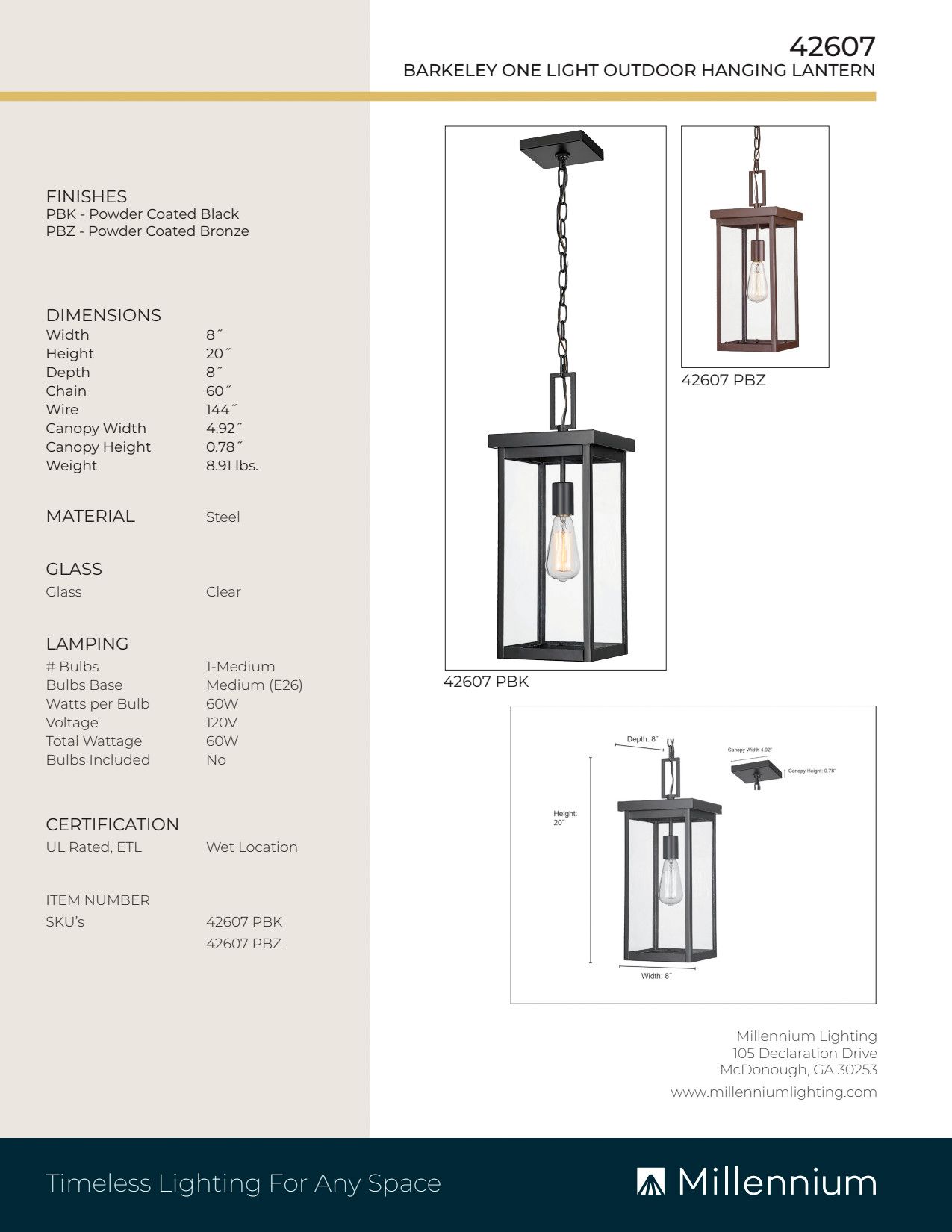 Image 7 Millennium Barkeley 1-Lt 20" Powder Coated Bronze Outdoor Hanging Lantern more views