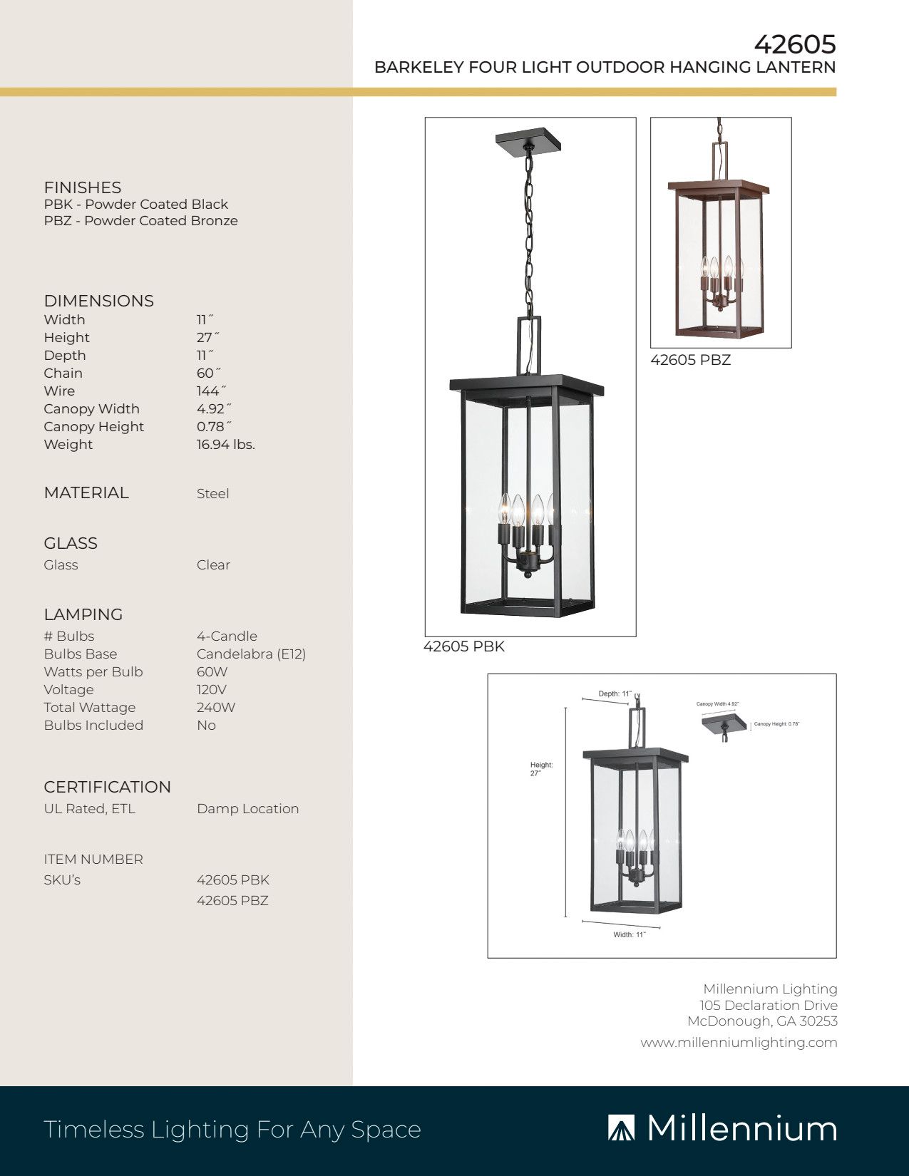 Millennium Barkeley 4-Light 27" Powder Coated Black Outdoor Hanging Lantern
