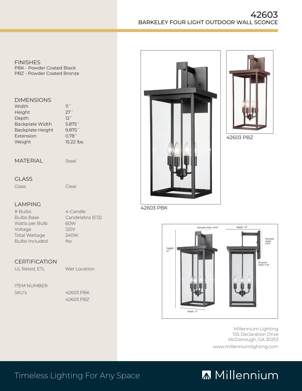Image 7 Millennium Barkeley 4-Light 27" Powder Coated Bronze Outdoor Wall Sconce more views