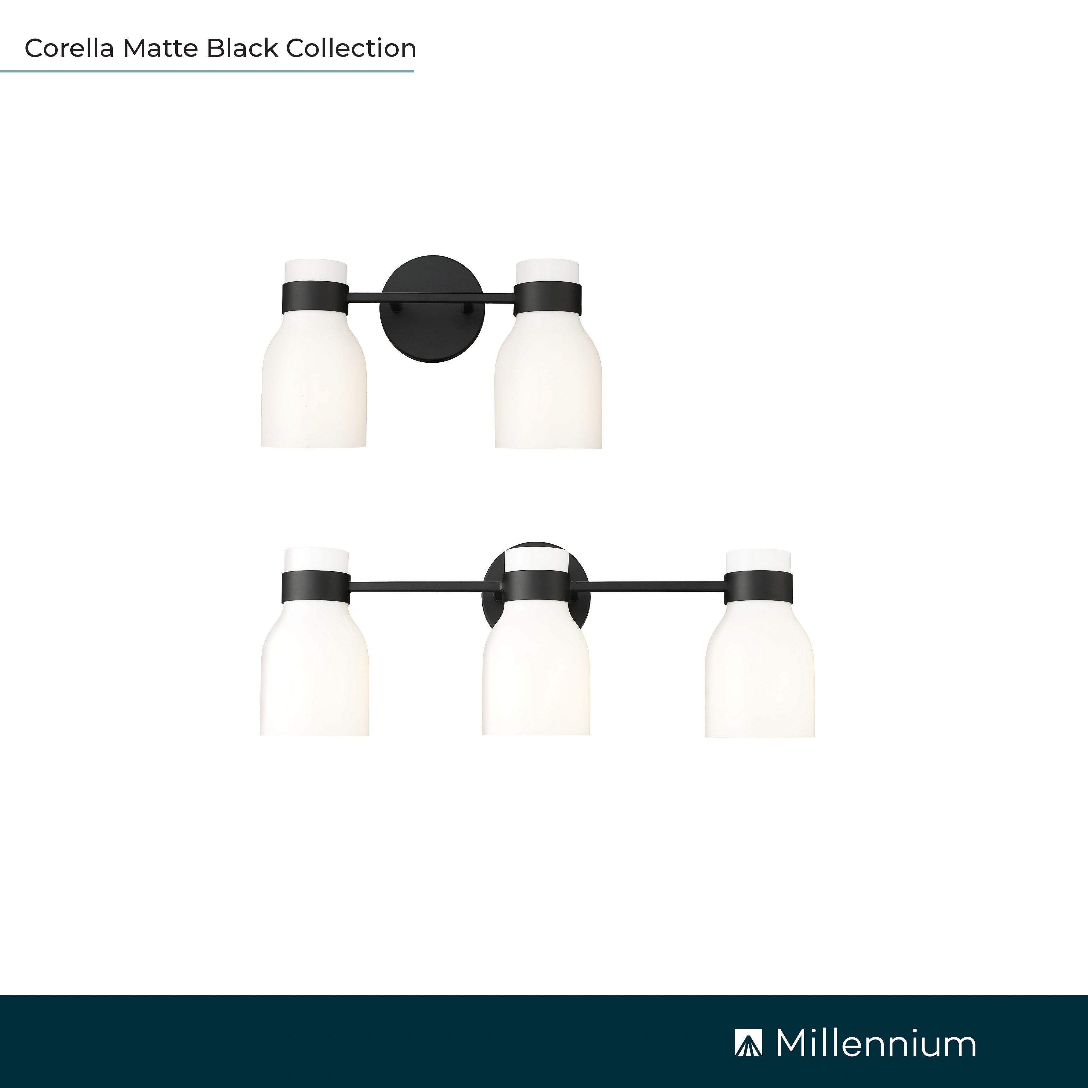 Millennium Corella 2-Light 14" Matte Black Vanity Light with Glass Shade