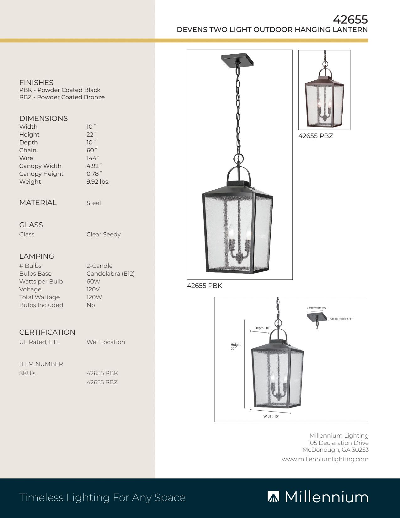 Image 6 Millennium Devens 2-Light 22" Powder Coated Black Outdoor Hanging Lantern more views