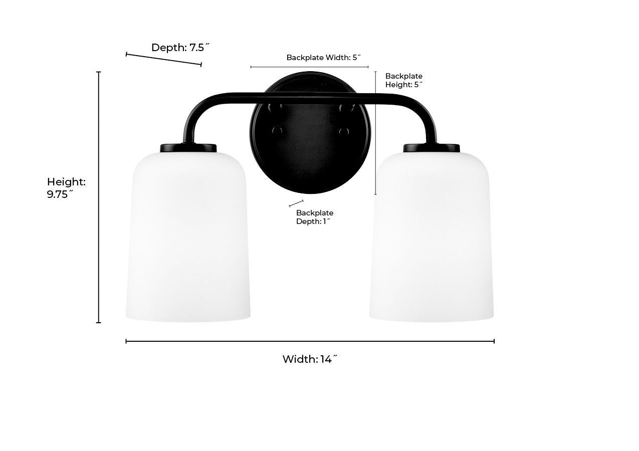 Millennium Laphia 2-Light 14" Matte Black Vanity Light with Glass Shade