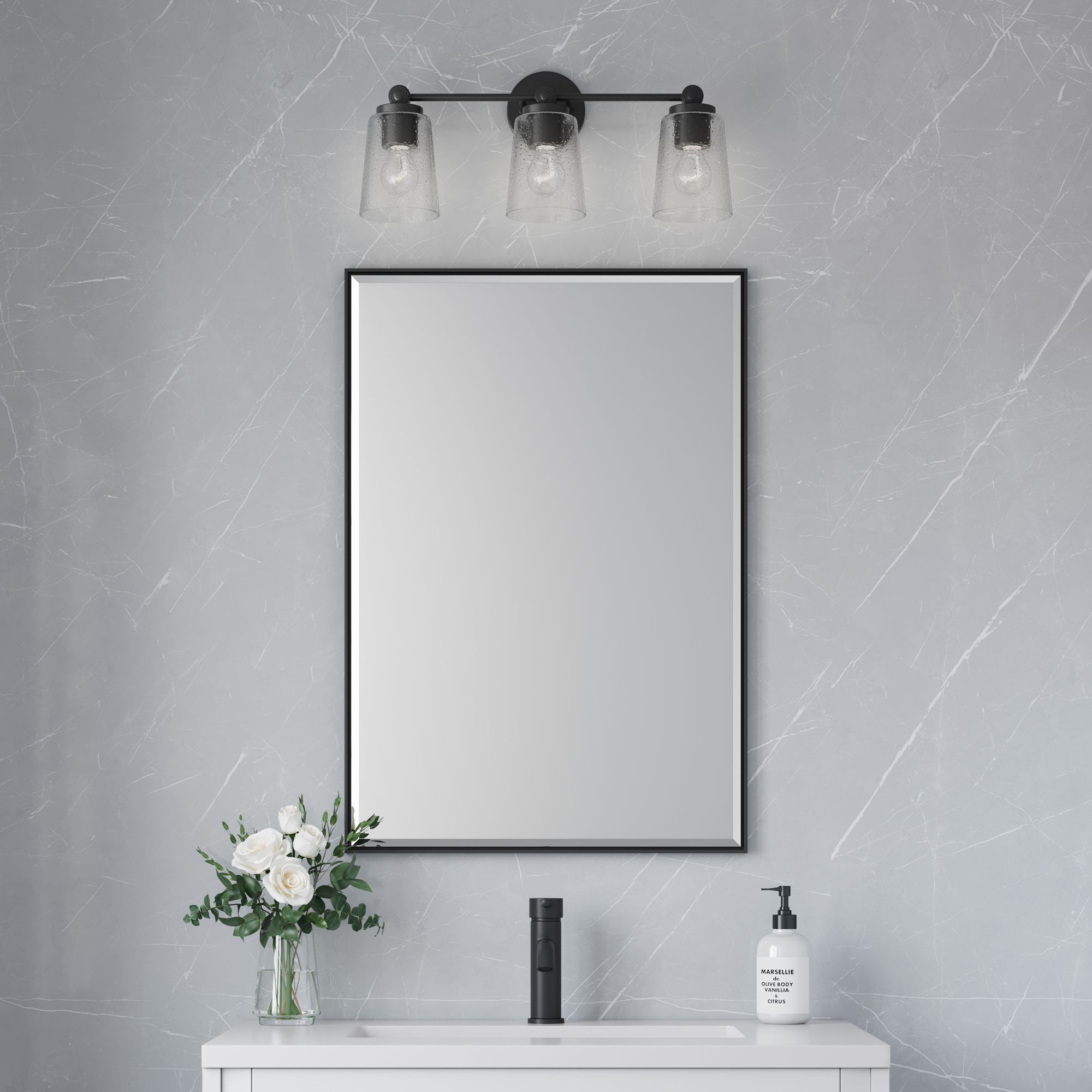 Millennium Lauryn 3-Light 22" Matte Black Vanity Light with Glass Shade