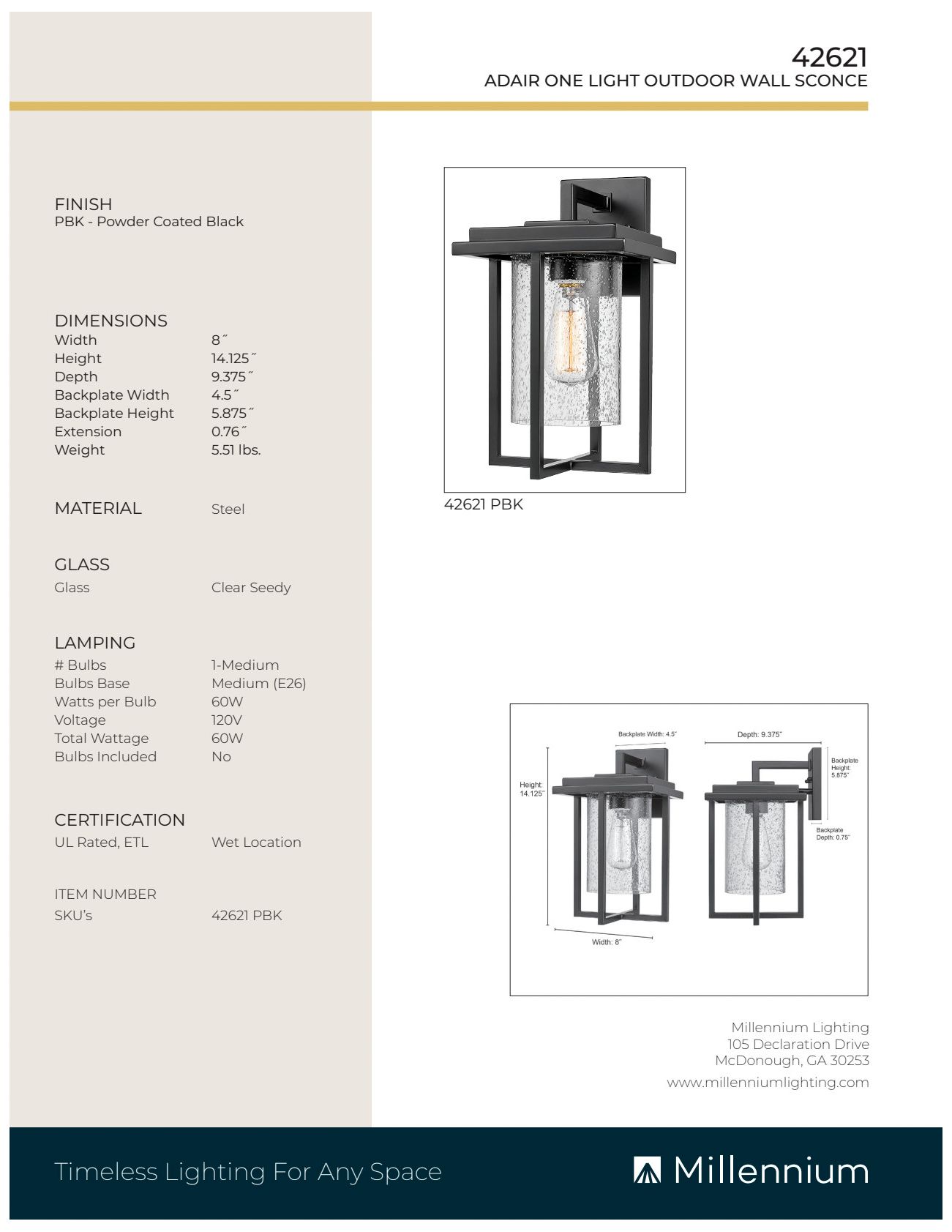 Image 6 Millennium Lighting Adair 1 Light 14.125" Outdoor Sconce Black more views