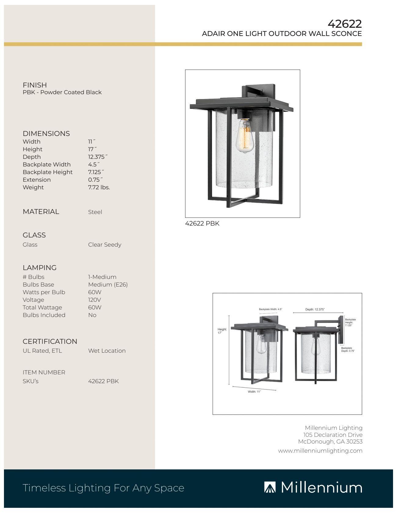 Image 6 Millennium Lighting Adair 1 Light 17" Outdoor Sconce Black more views