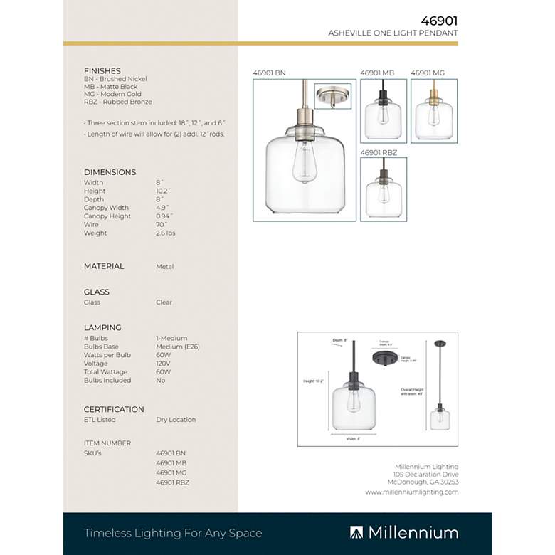 Image 6 Millennium Lighting Asheville 1 Light Mini-Pendant Fixture Black more views