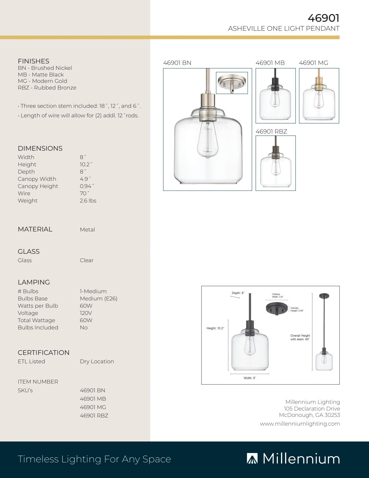 Millennium Lighting Asheville 1 Light Mini-Pendant Fixture Gold