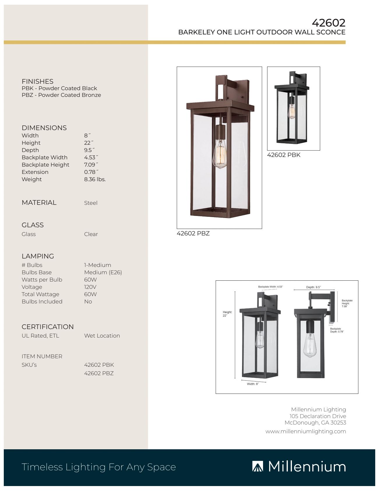 Image 7 Millennium Lighting Barkeley 1 Light 22" Outdoor Sconce Bronze more views