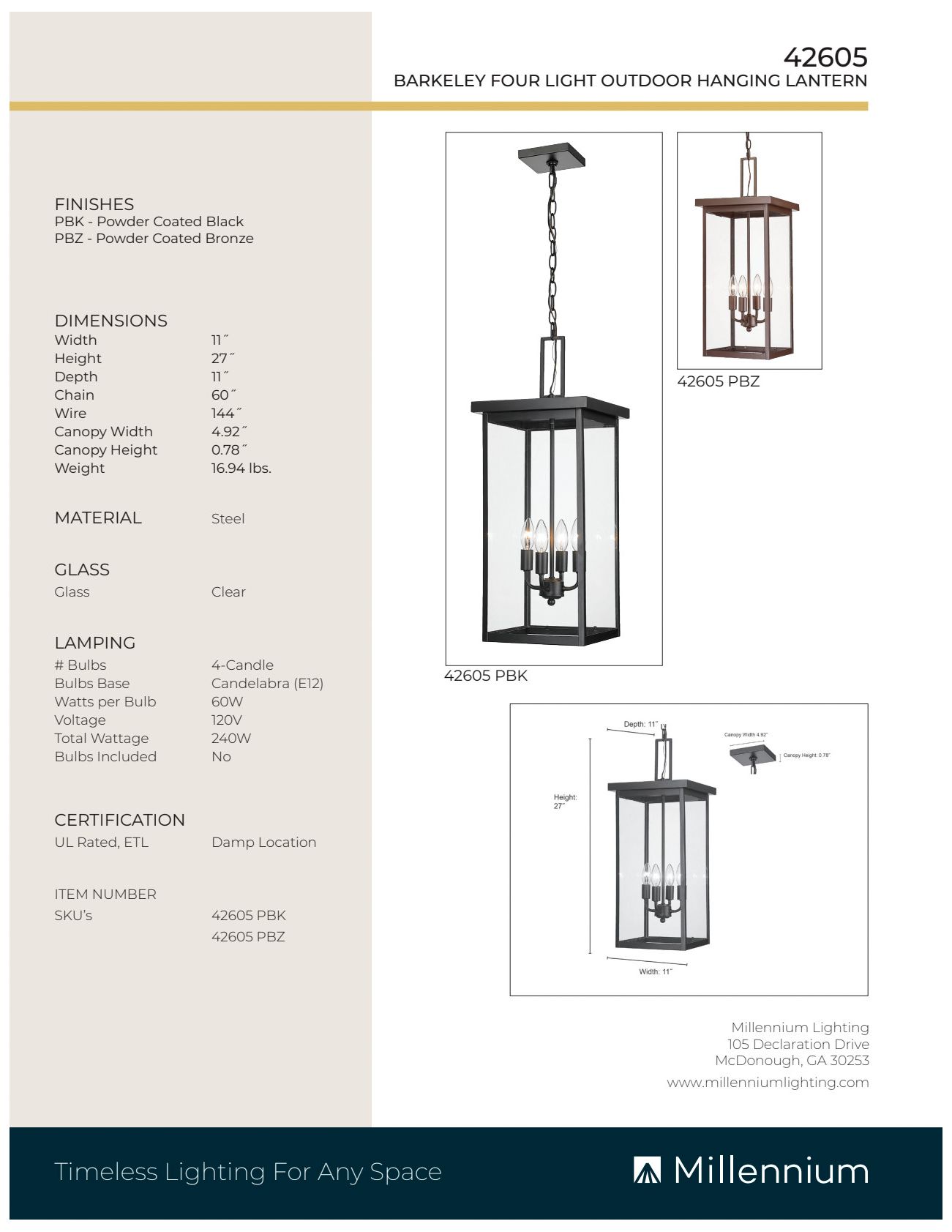 Millennium Lighting Barkeley 4 Light 27 inch Outdoor Lantern Black