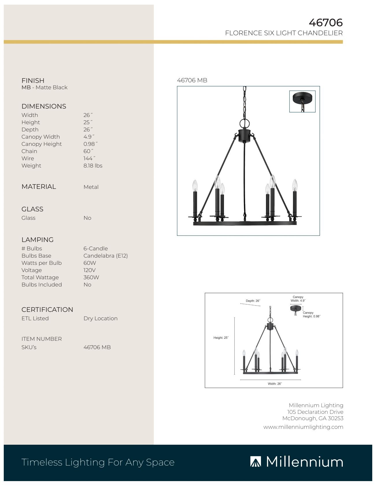 Image 6 Millennium Lighting Florence 6 Light Chandelier Fixture Matte Black more views