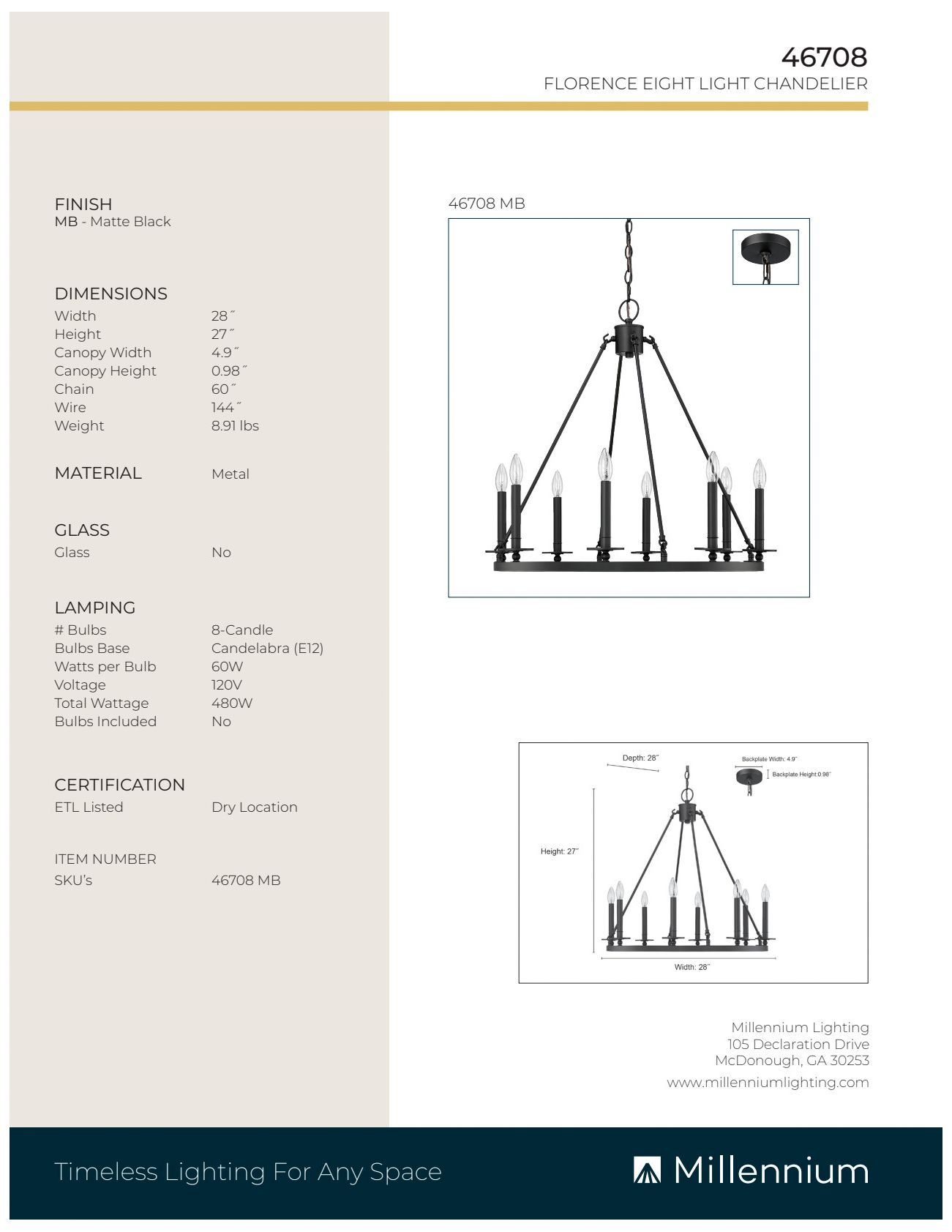 Image 6 Millennium Lighting Florence 8 Light Chandelier Fixture Matte Black more views