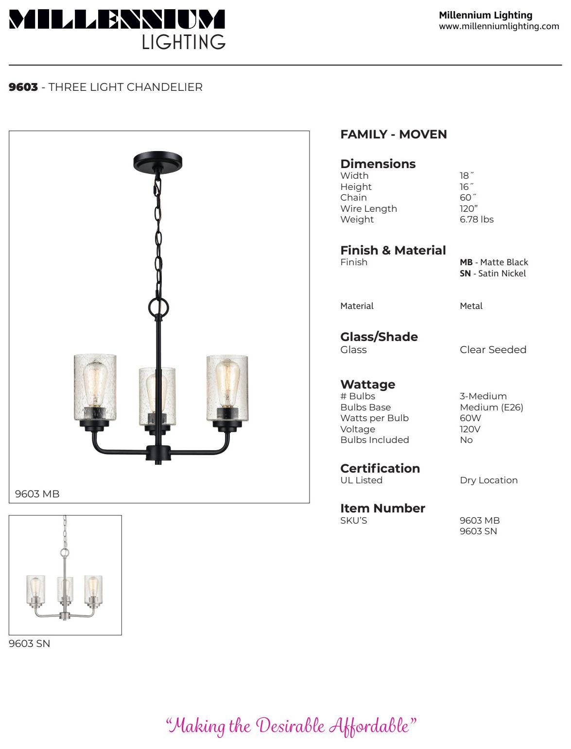 Image 4 Millennium Moven 3-Light 18" Satin Nickel Chandelier with Glass Shade more views