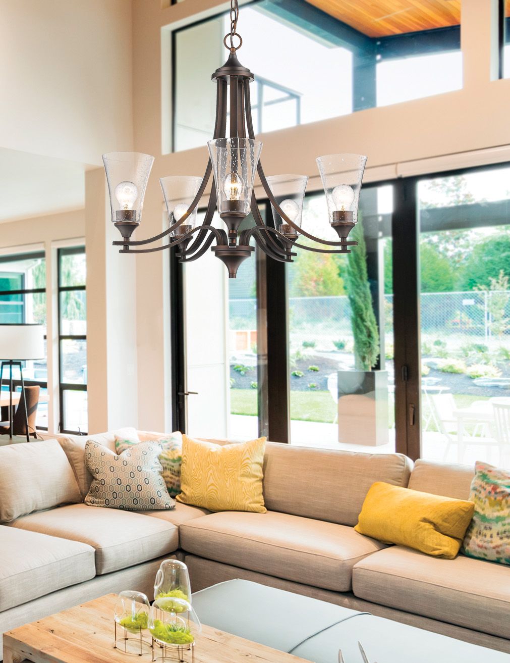 Thumbnail3 of Millennium Natalie 5-Light 27.75" Rubbed Bronze Chandelier with Glass Shade more views