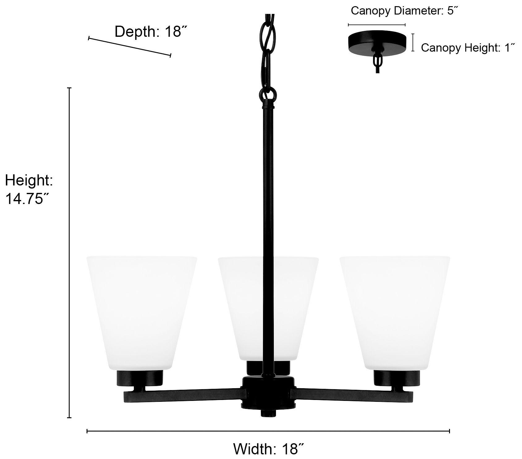 Millennium Strayhan 3-Light 18" Matte Black Chandelier with Glass Shade