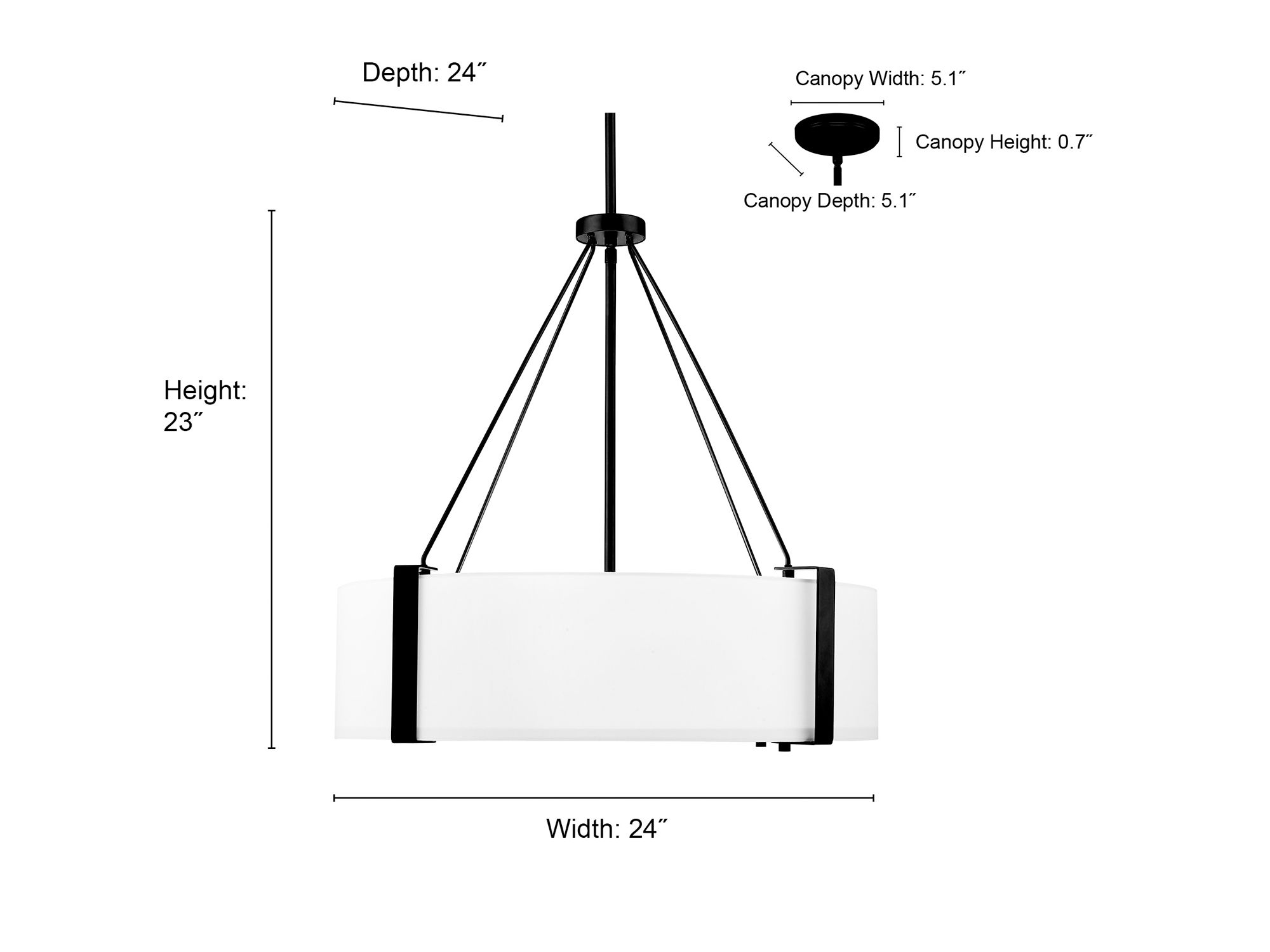 Millennium Telfar 3-Light 24" Matte Black/White Pendant with Fabric Shade
