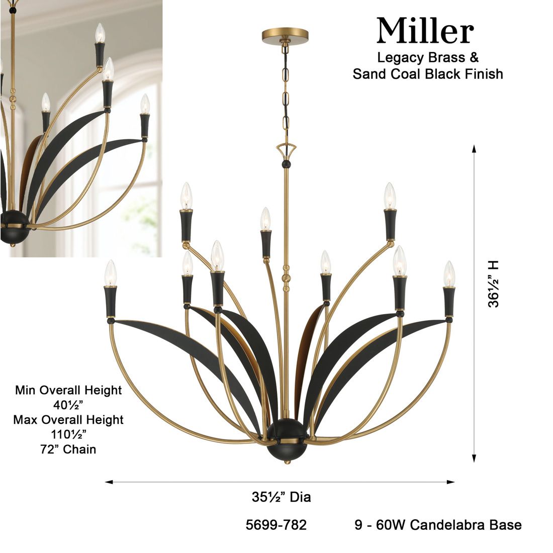 Miller 35 1/2"W Legacy Brass and Black 9-Light Chandelier