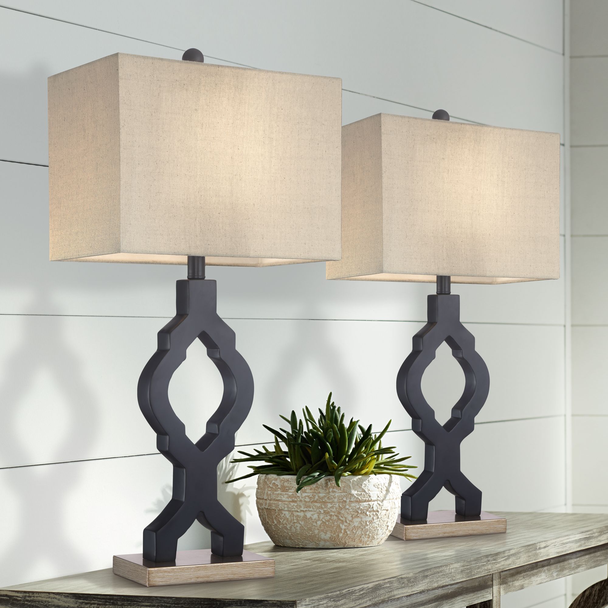 Milly Modern Black Quatrefoil Table Lamps Set of 2 12D26 Lamps Plus
