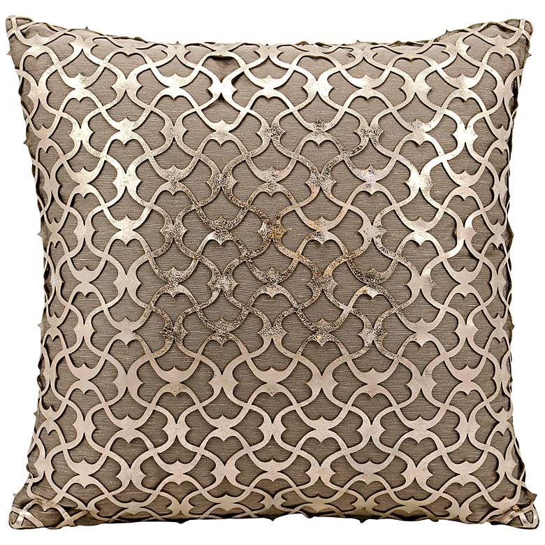 Image 1 Mina Victory Laser-Cut Gold 18 inch Square Beige Leather Pillow