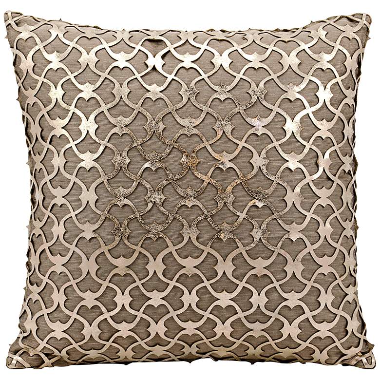 Image 1 Mina Victory Laser-Cut Gold 18" Square Beige Leather Pillow