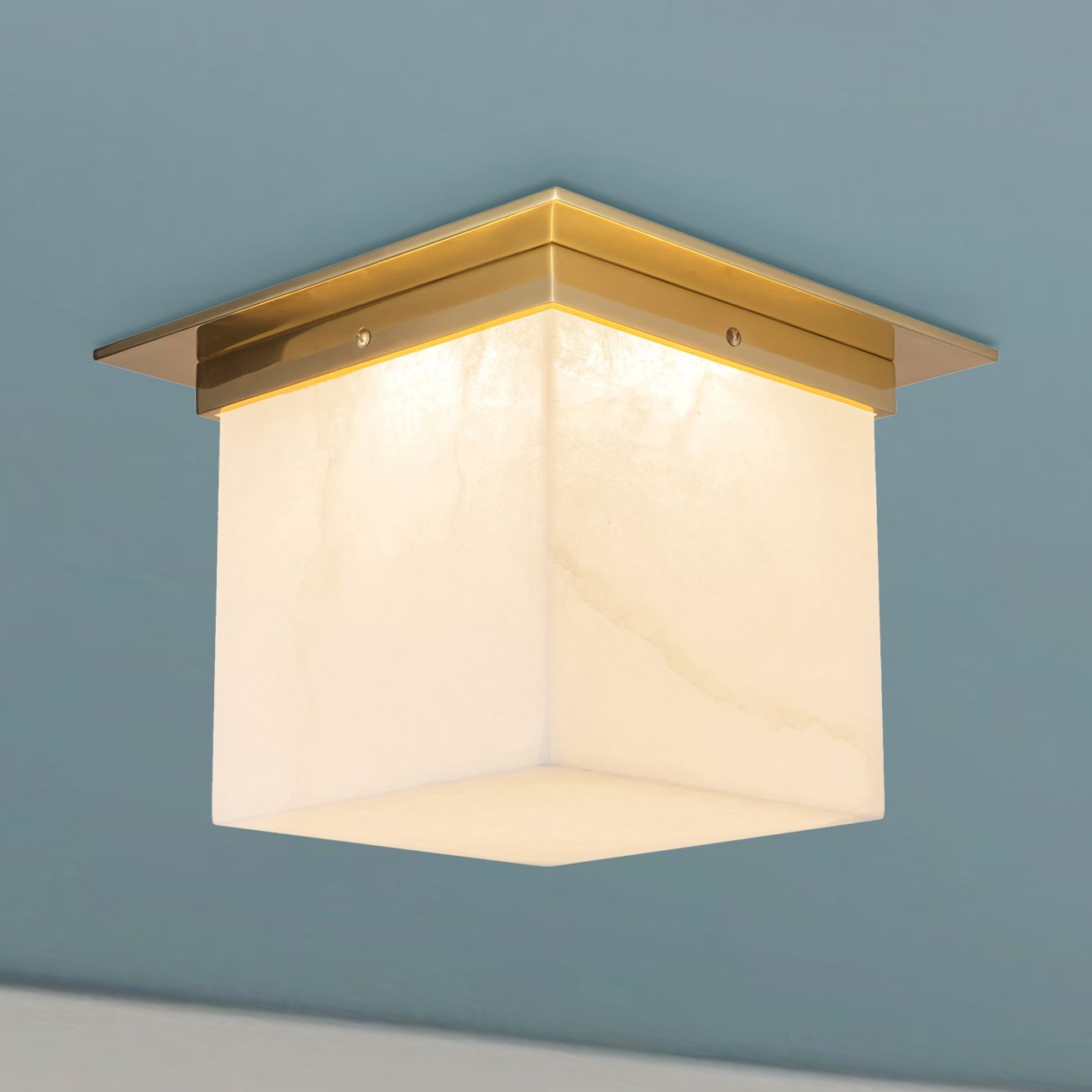 Mineral 11-in Alabaster Square Flush Mount with Patina Brass Finish