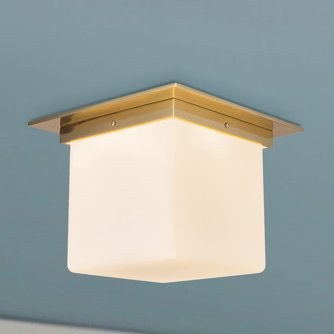 Mineral 11-in Patina Brass Square Flush Mount with Opal Glass