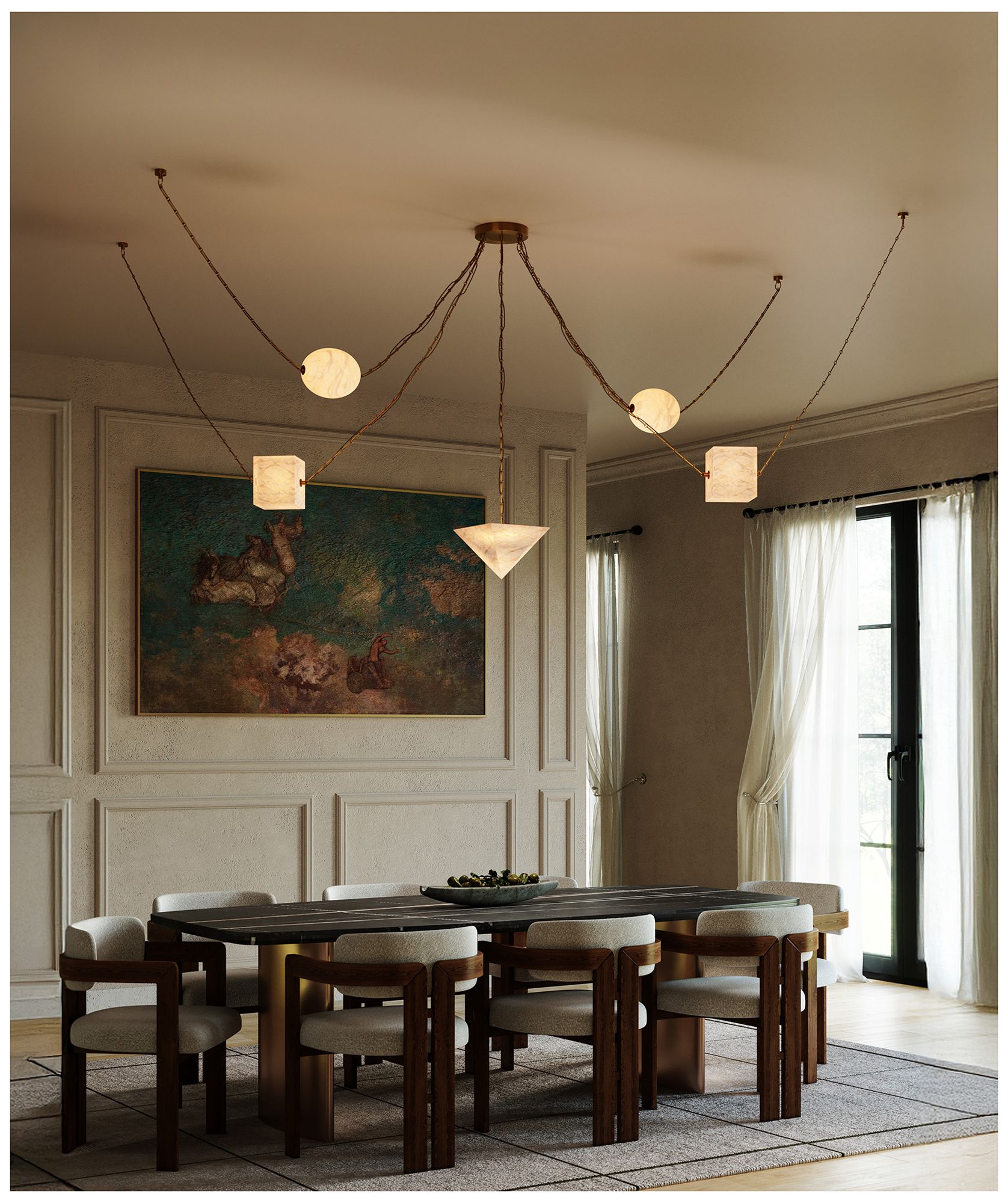 Mineral 5-Light Alabaster dimmable LED Chandelier with Patina Brass Finish