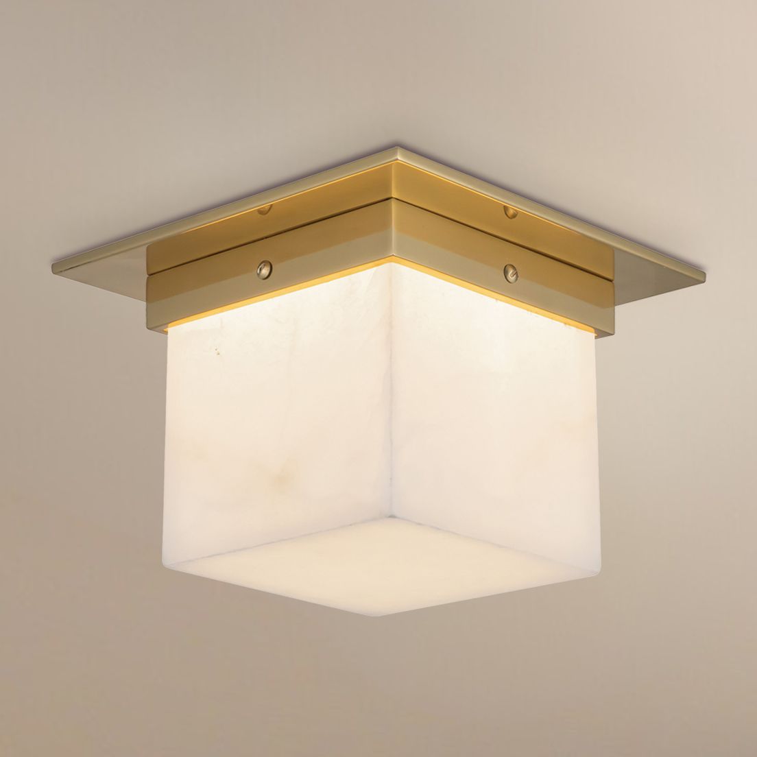 Mineral 8-in Alabaster Square Flush Mount with Patina Brass Finish