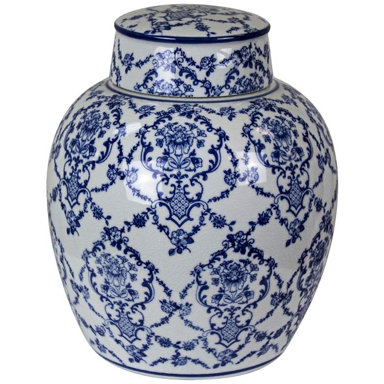 Image 1 Mingming 10 inch High Crackled Blue and White Covered Jar