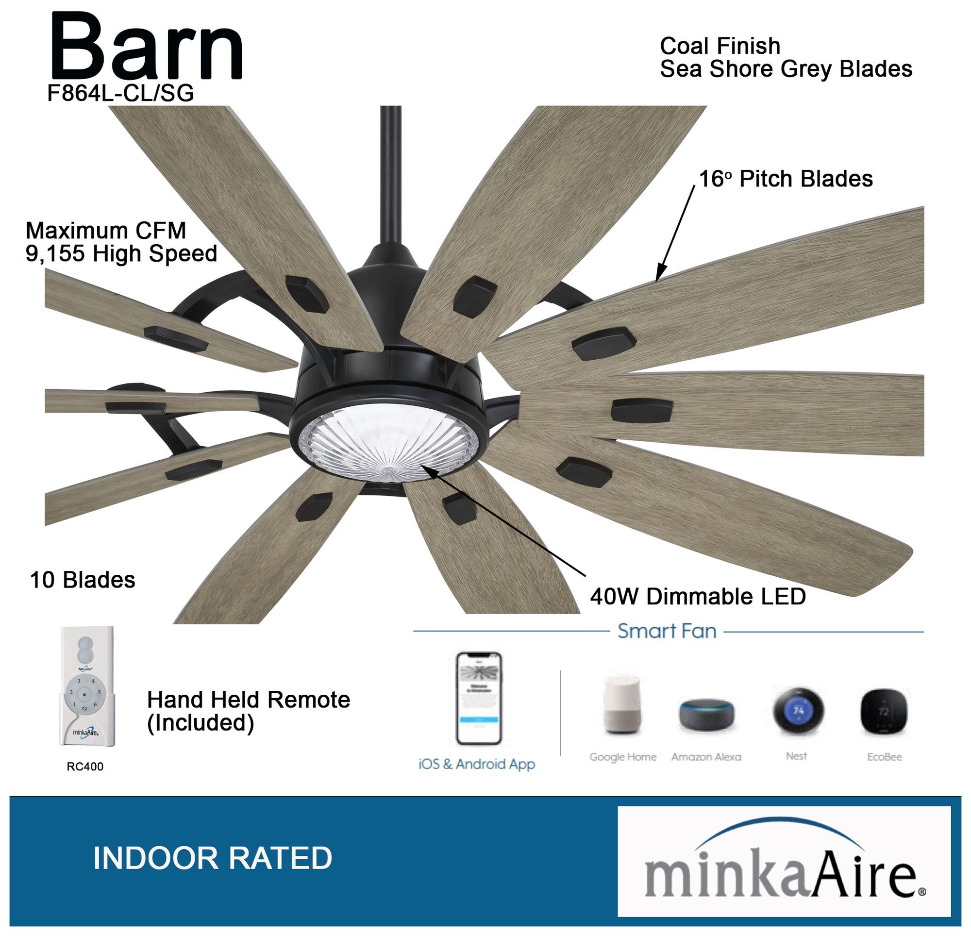 Image 6 Minka Aire Barn 65-in LED Smart Coal Ceiling Fan with Seashore Grey Blades more views
