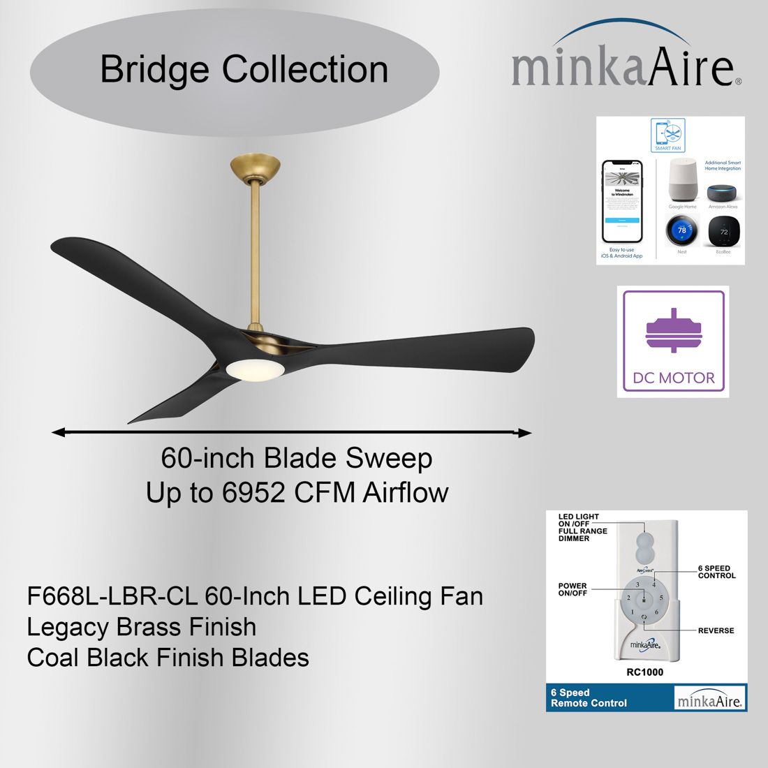 Minka-Aire Bridge 60-in LED Legacy Brass Smart Ceiling Fan with Remote