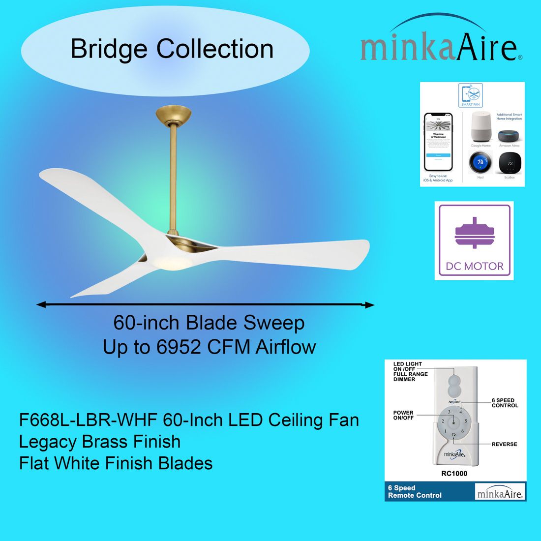 Minka-Aire Bridge 60in LED Legacy Brass and White 3-Blade Smart Ceiling Fan