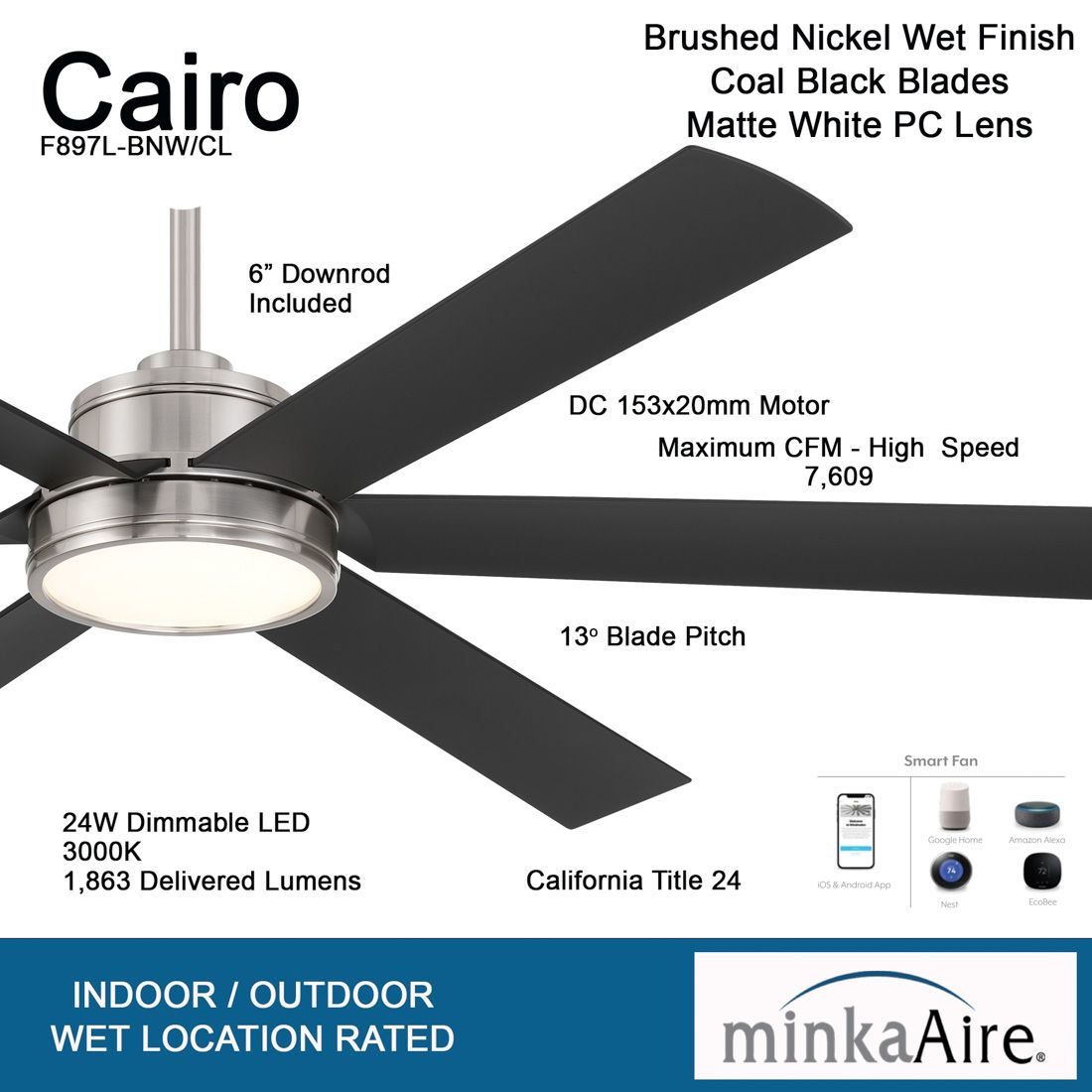 Image 6 Minka-Aire Cairo 65-in LED Brushed Nickel Wet Outdoor Smart Ceiling Fan more views