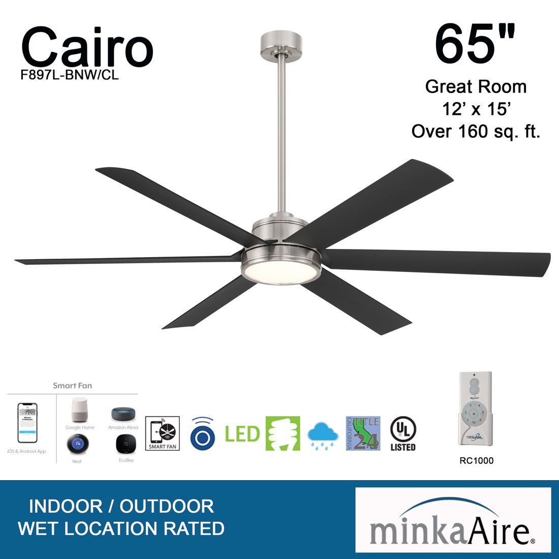 Minka-Aire Cairo 65-in LED Brushed Nickel Wet Outdoor Smart Ceiling Fan