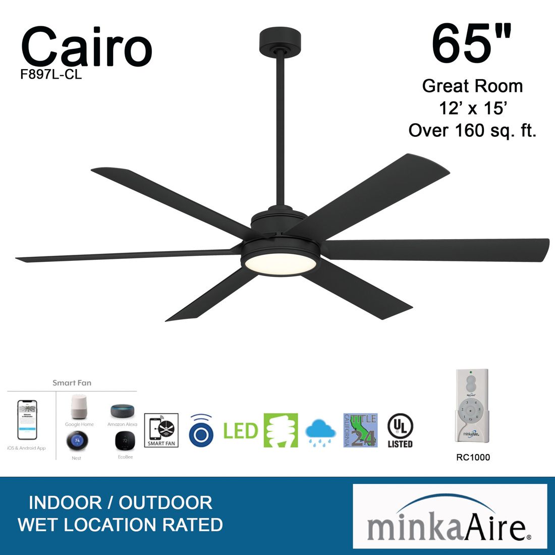 Minka-Aire Cairo 65-in LED Coal Black 6-Blade Outdoor Smart Ceiling Fan