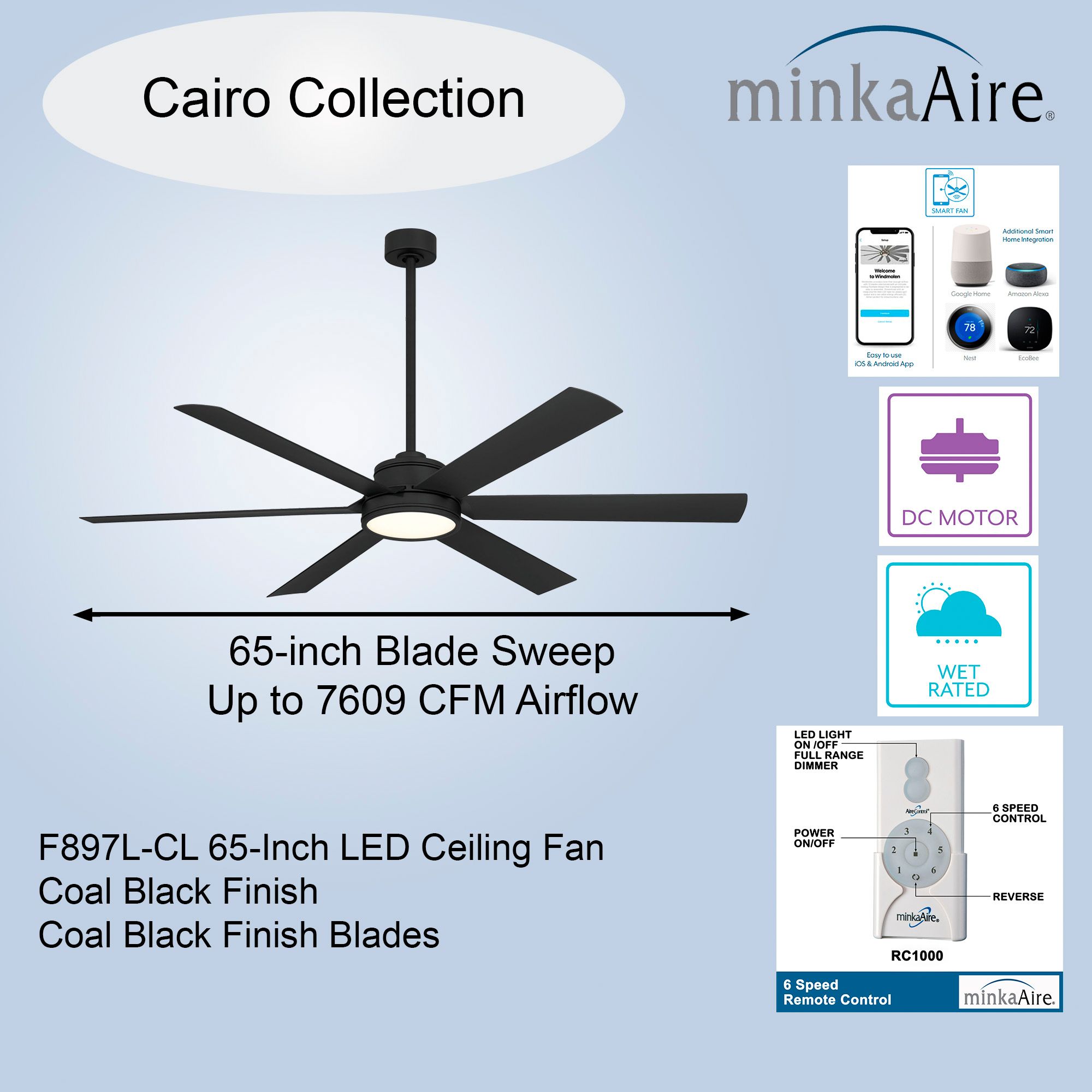 Image 6 Minka-Aire Cairo 65-in LED Coal Black 6-Blade Outdoor Smart Ceiling Fan more views