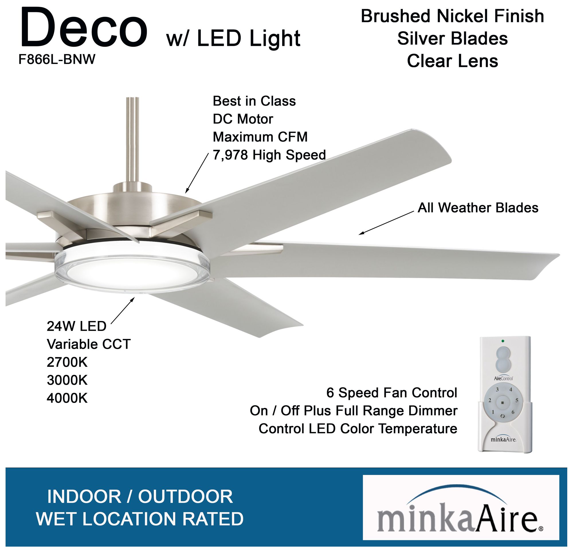 Image 7 Minka-Aire Deco 65-inch CCT LED Brushed Nickel Wet Outdoor Ceiling Fan more views