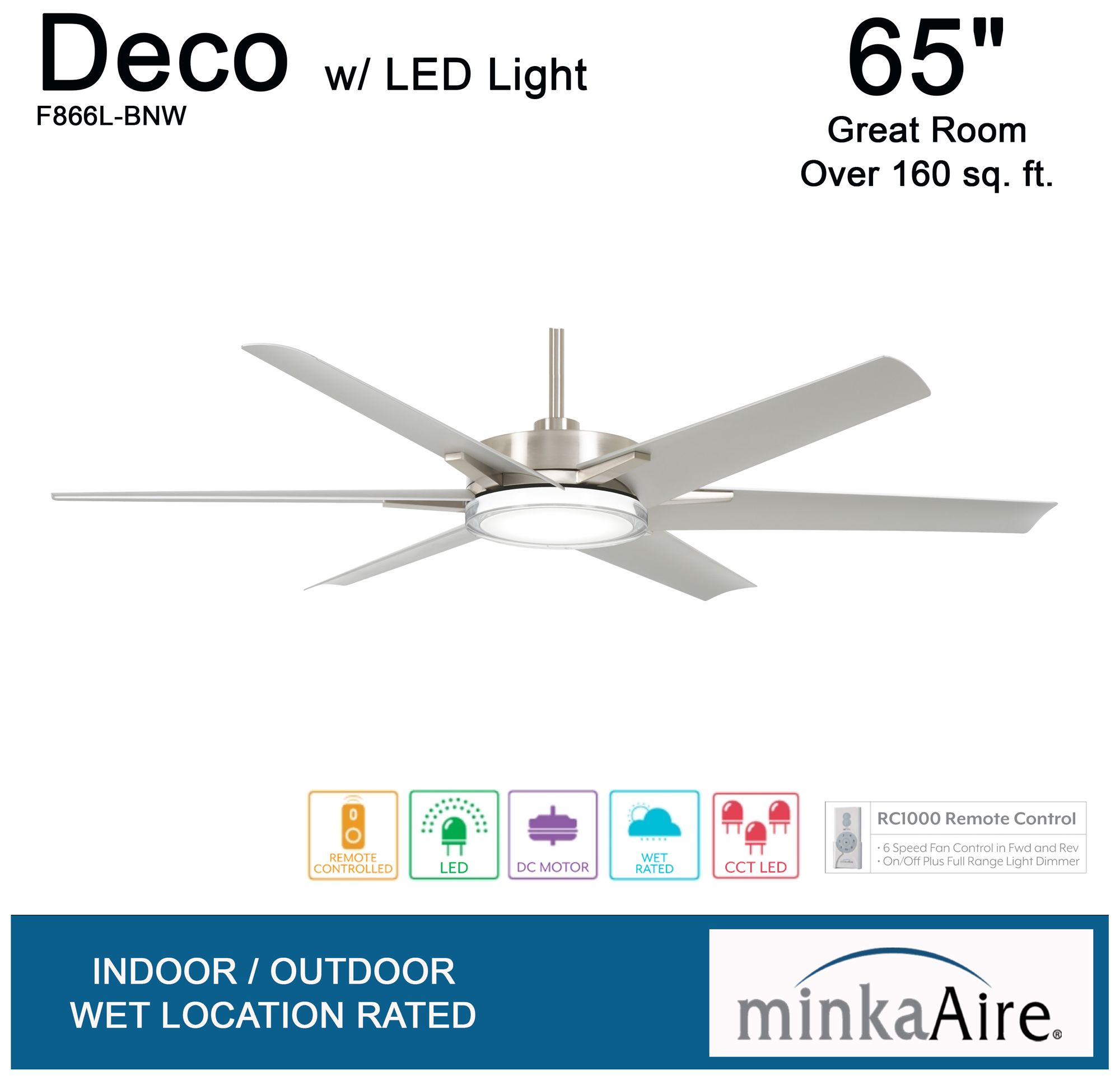 Minka-Aire Deco 65-inch CCT LED Brushed Nickel Wet Outdoor Ceiling Fan