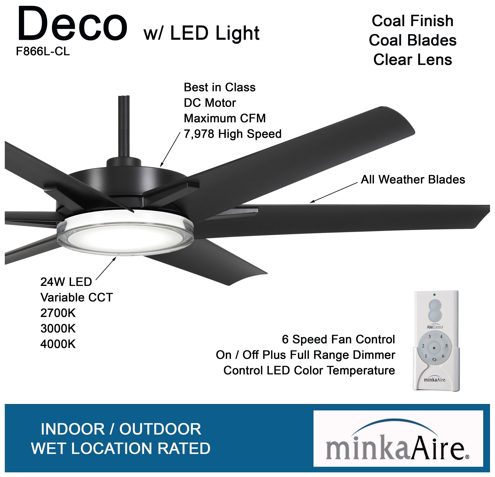 Minka-Aire Deco 65-inch CCT LED Coal Black Outdoor Ceiling Fan