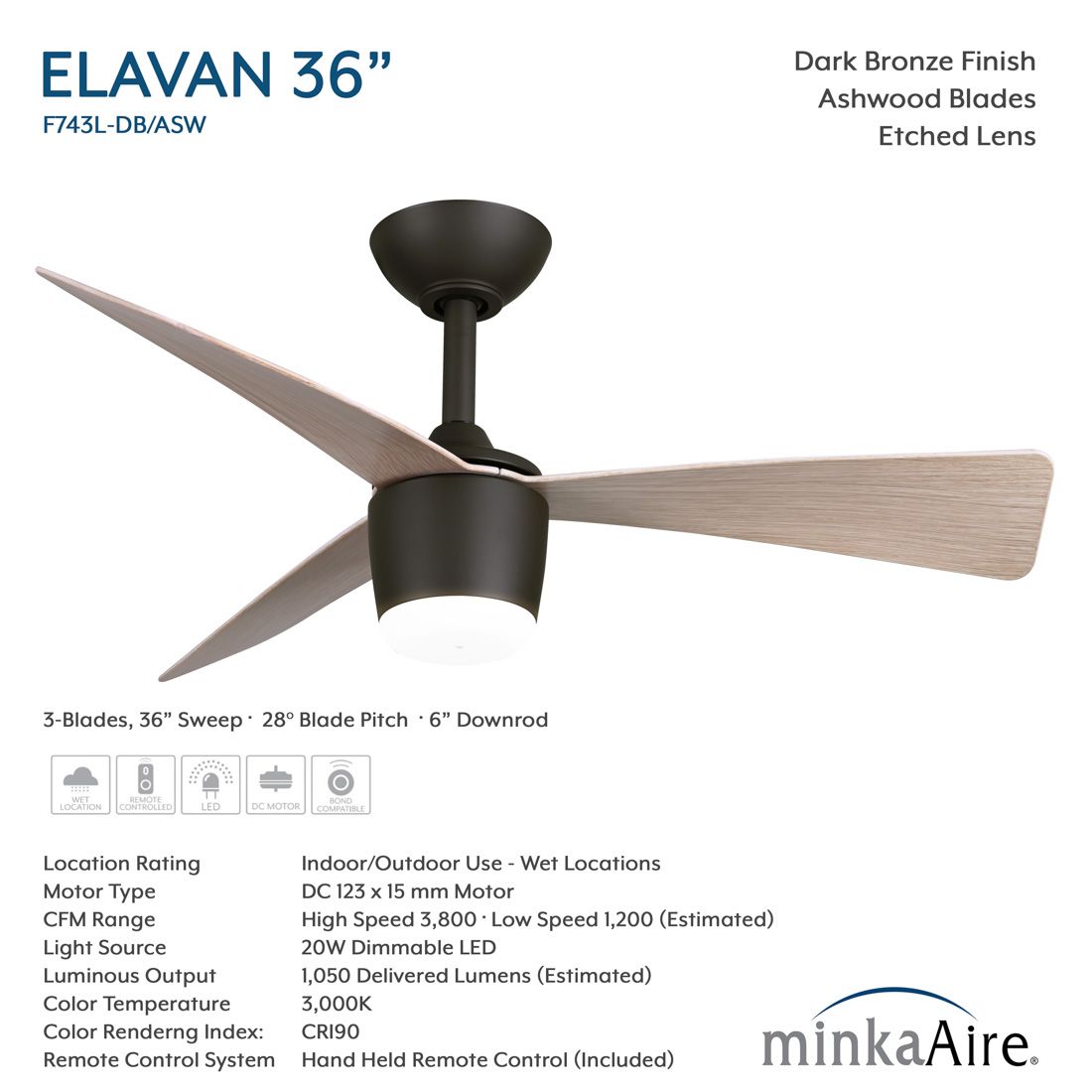 Image 5 Minka-Aire Elavan 36-in LED Dark Bronze Indoor-Outdoor 3-Blade Ceiling Fan more views