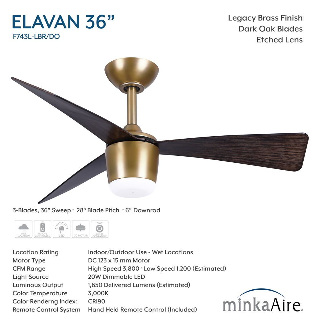 Image 7 Minka-Aire Elavan 36-in LED Legacy Brass Indoor-Outdoor 3-Blade Ceiling Fan more views