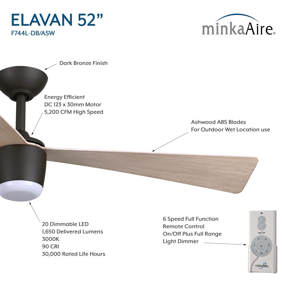 Minka-Aire Elavan 52-in LED Dark Bronze Indoor-Outdoor 3-Blade Ceiling Fan