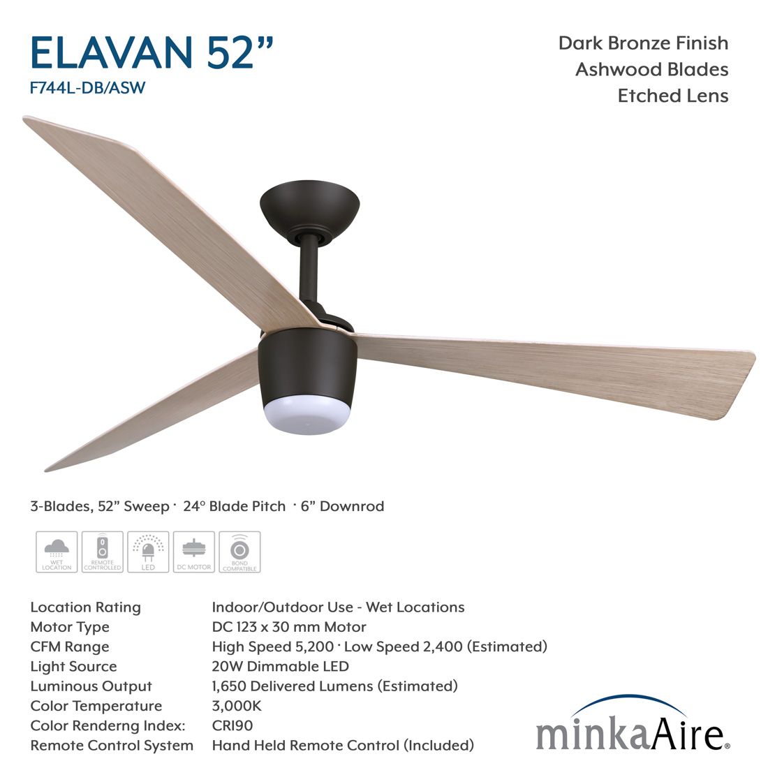 Minka-Aire Elavan 52-in LED Dark Bronze Indoor-Outdoor 3-Blade Ceiling Fan